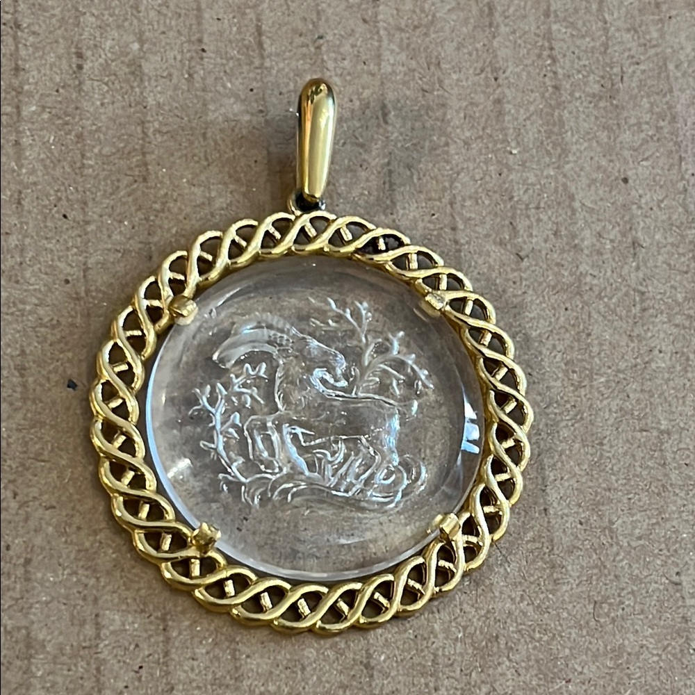 TRIFARI CROWN RAM ZODIAC STAMPEDGold Circular Pendant Necklace with Intricate